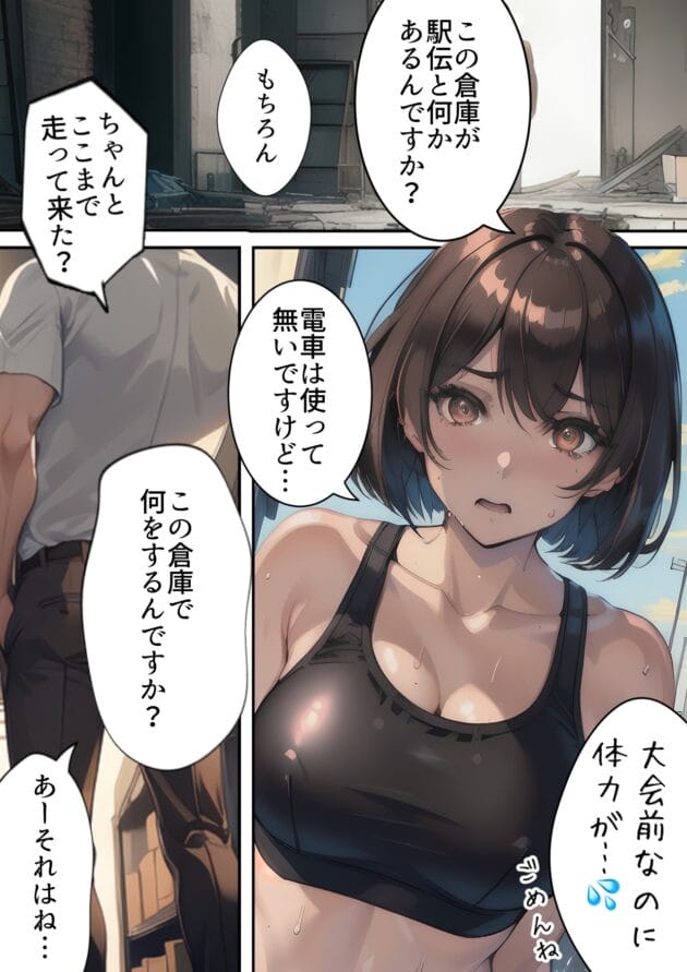 【エロ漫画】寝取られるタマシギの一滴-開催！寝取られ駅伝〜陸上女子は大会中に先輩OB達に中出し孕ませられても繋げ！精子塗れのバトンで優勝狙う！大学で遠距離になる前最後の幼馴染彼氏との初セックスは延期で色黒チャラ男OBに寝取られる話(8)